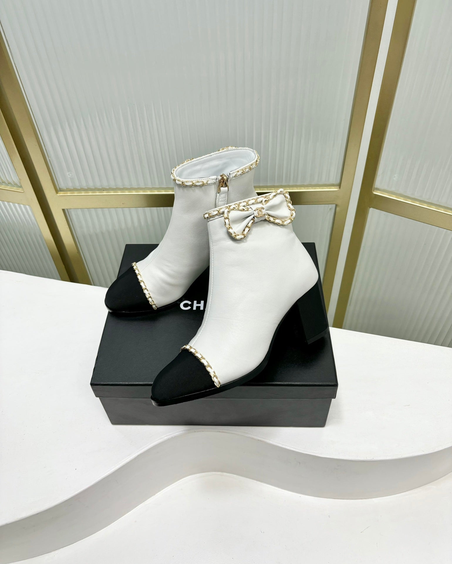 CC Ankle Boot 65 White Calfkin Black Grosgrain Leather Strap