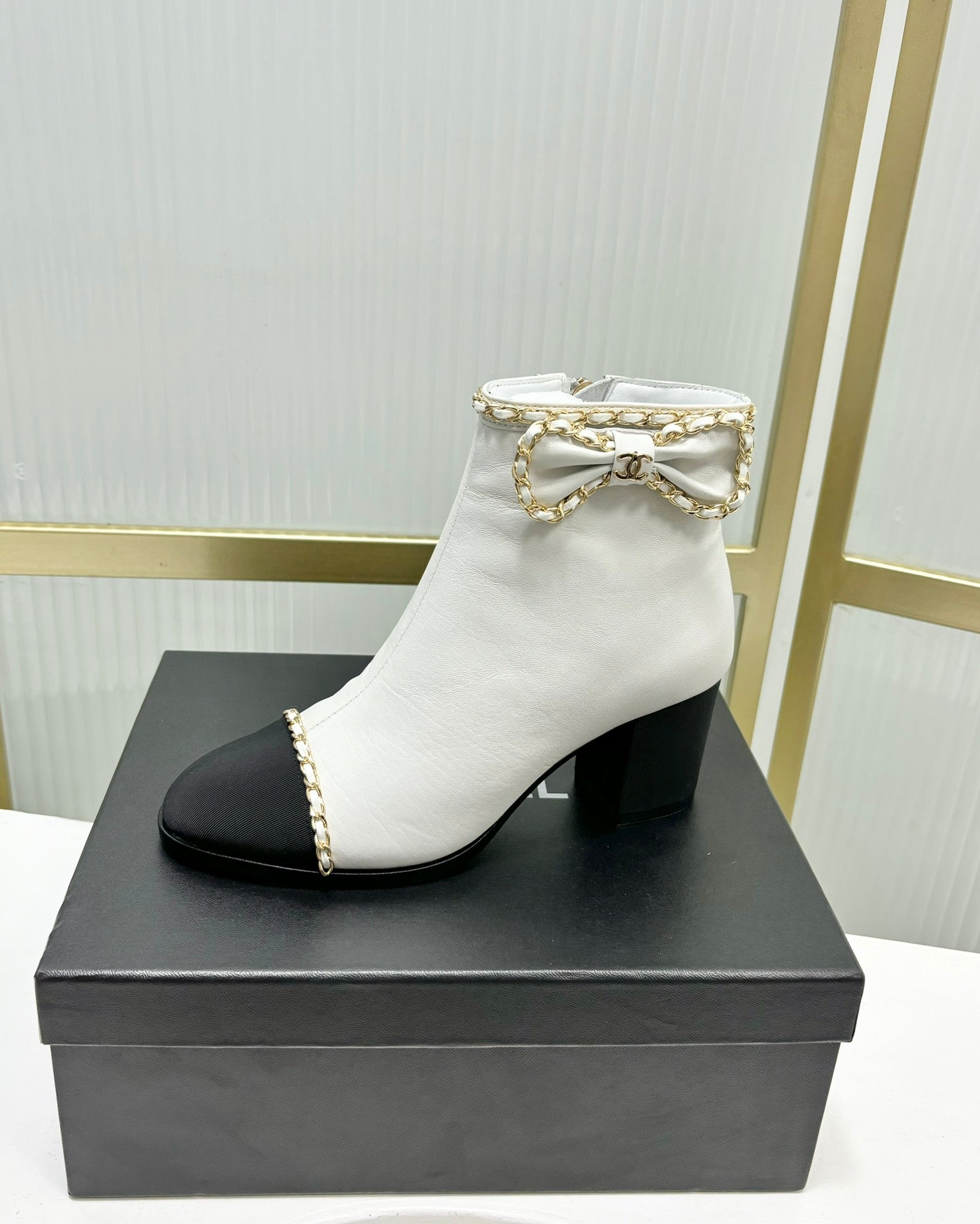 CC Ankle Boot 65 White Calfkin Black Grosgrain Leather Strap