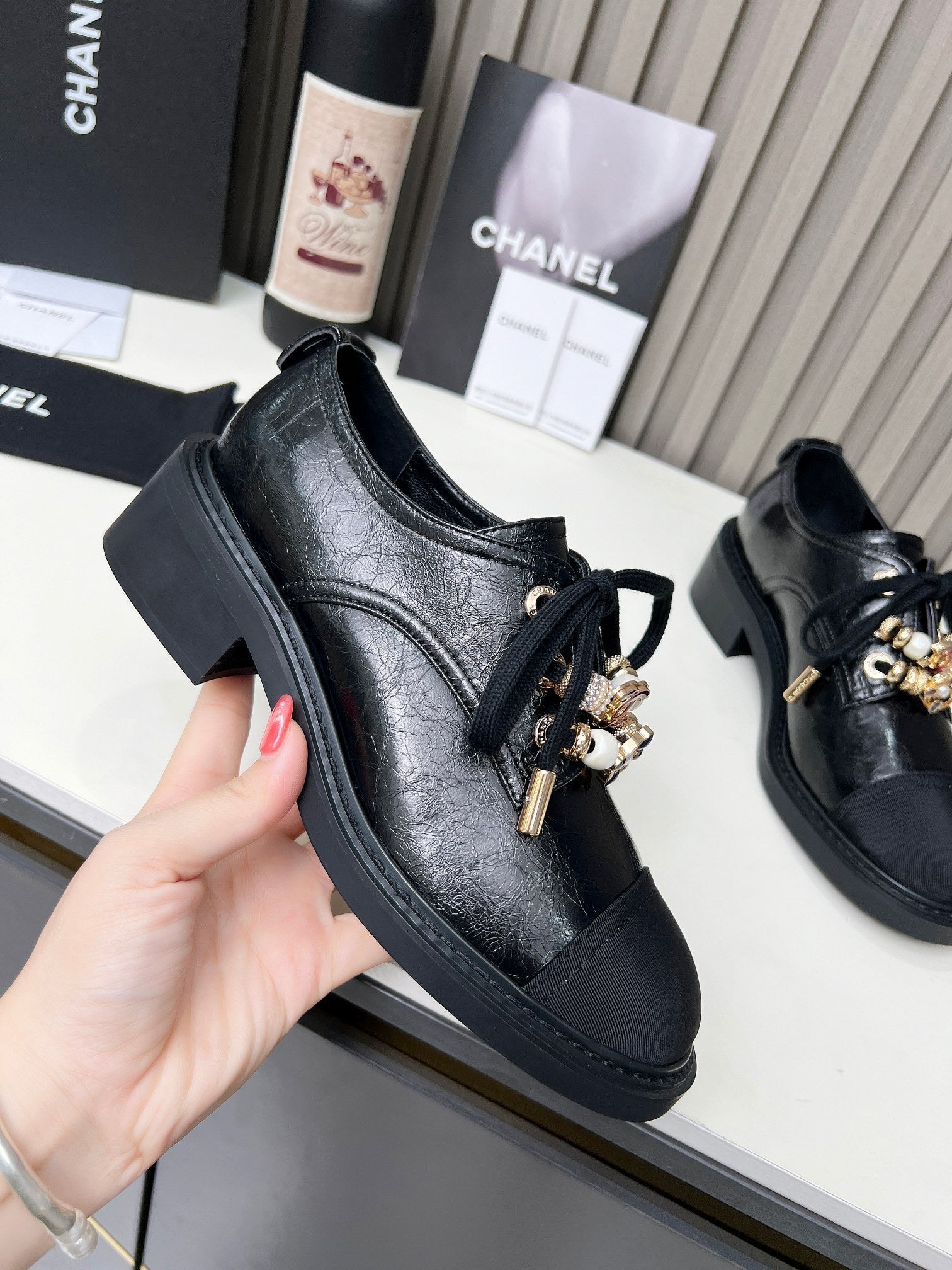 CC Shoe Oxford 50mm In Black Glossy Calfskin And Lycra Fabric 944547