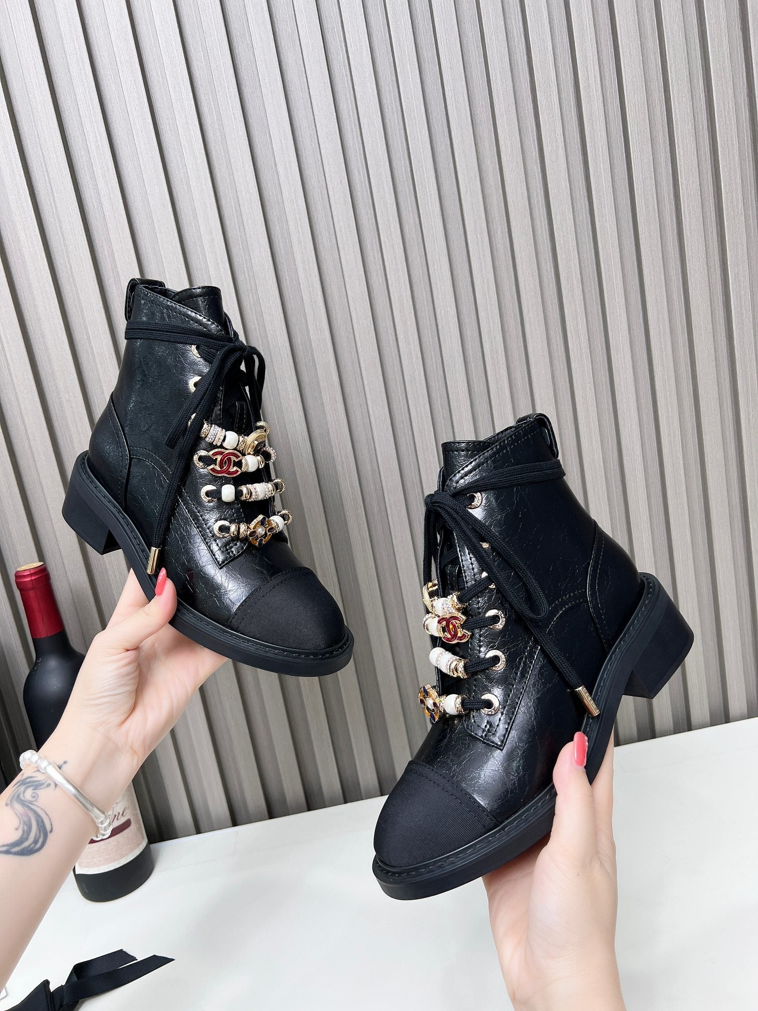 CC Combat Boots 50mm Black Glossy Calfskin And Lycra Fabric 944549