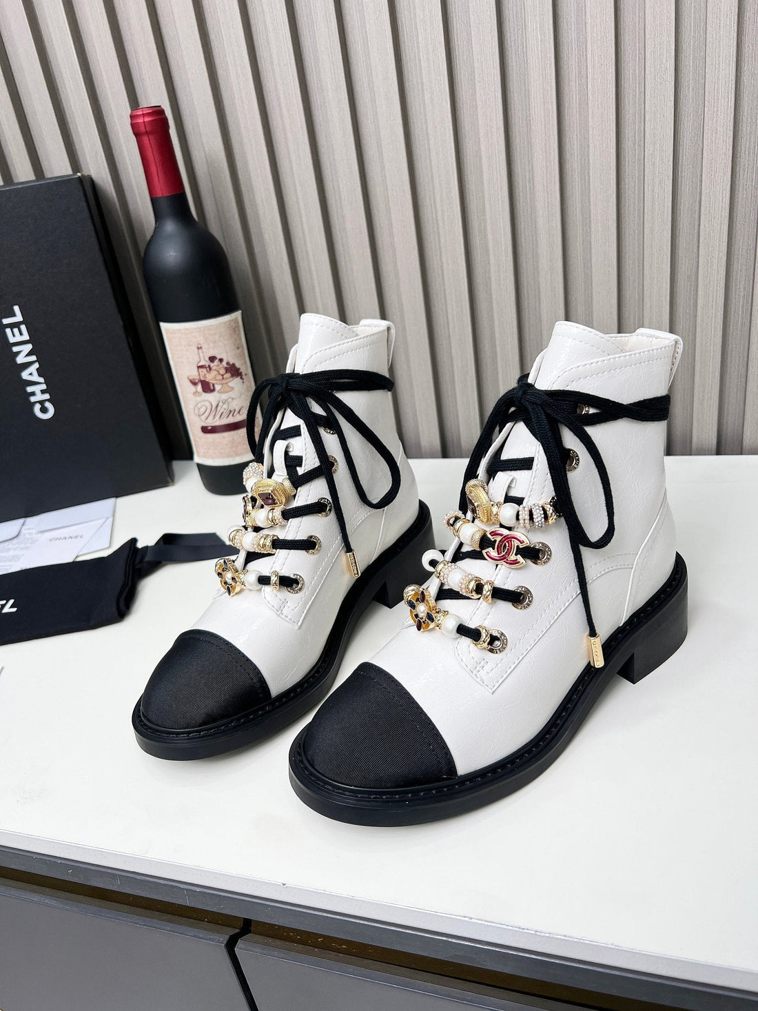 CC Combat Boots 50mm White Black Calfskin And Lycra Fabric 944550