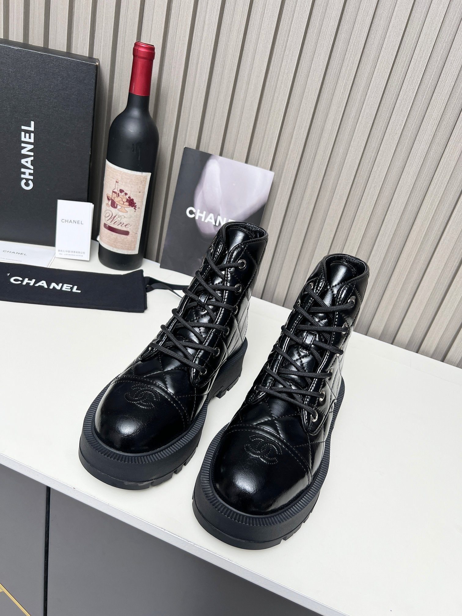 CC Combat Boots In Glossy Black Quilted Lambskin  944580