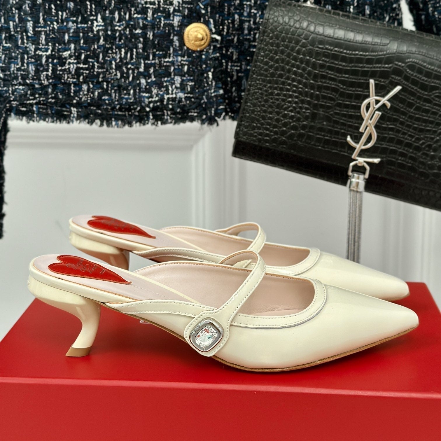 Mary Jane Virgule Mules 55 White Patent Leather