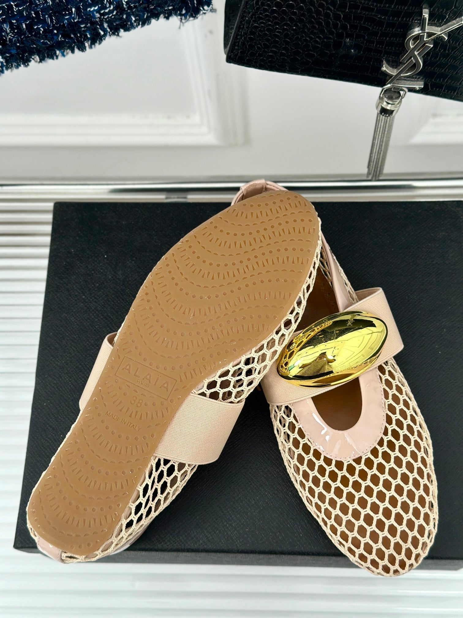 ballet flat jewel fishnet beige lambskin