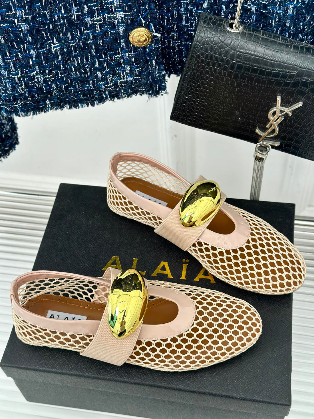ALAIA MARY JANE SHOES IN BEIGE MESH WITH GOLD HARDWARE