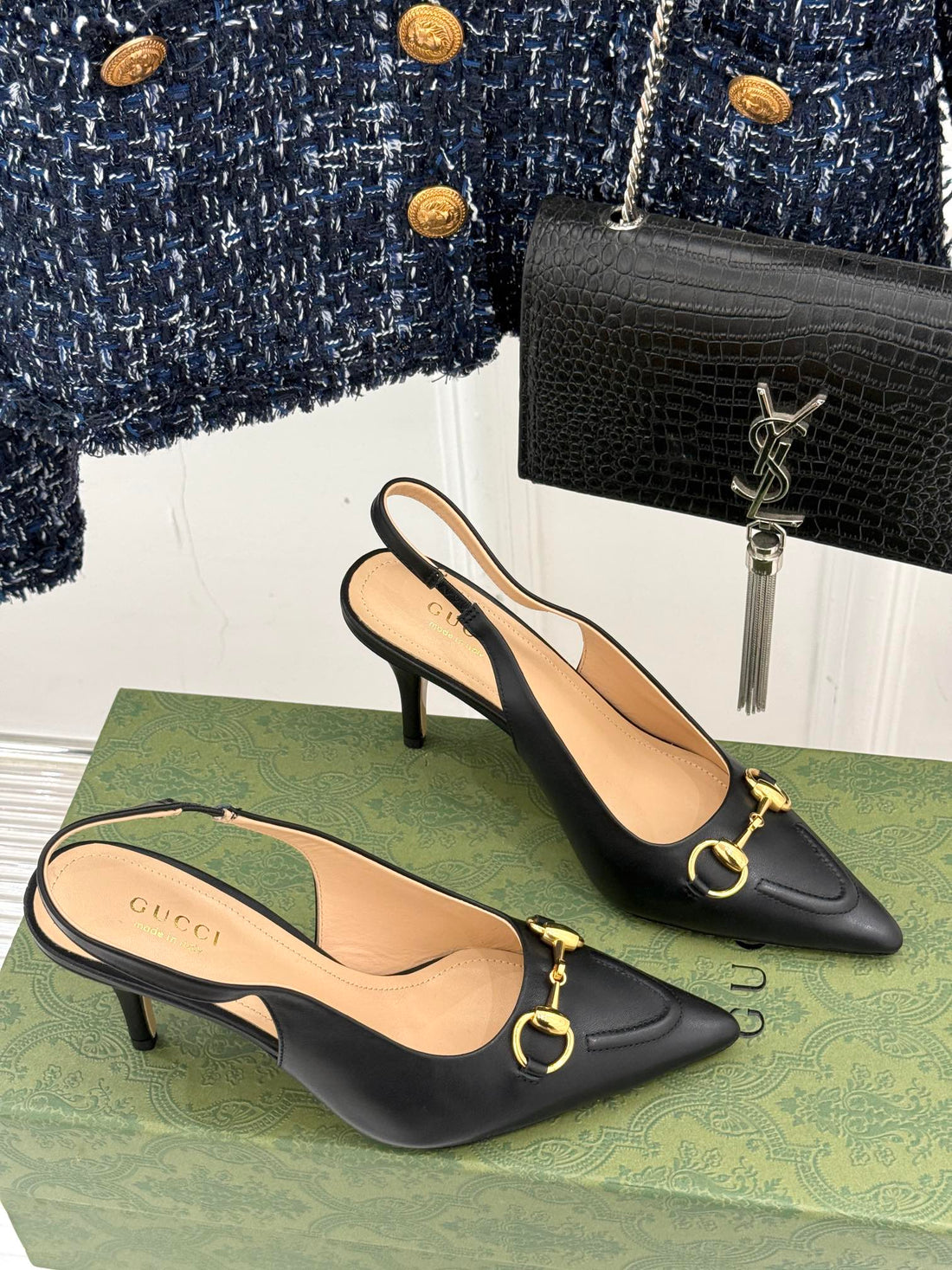 GG Horsebit Slingback 85MM Black Leather Point Toe