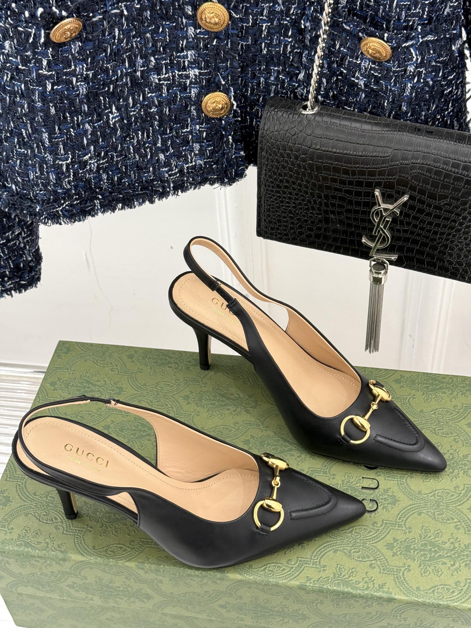 GG Horsebit Slingback 85MM Black Leather Point Toe