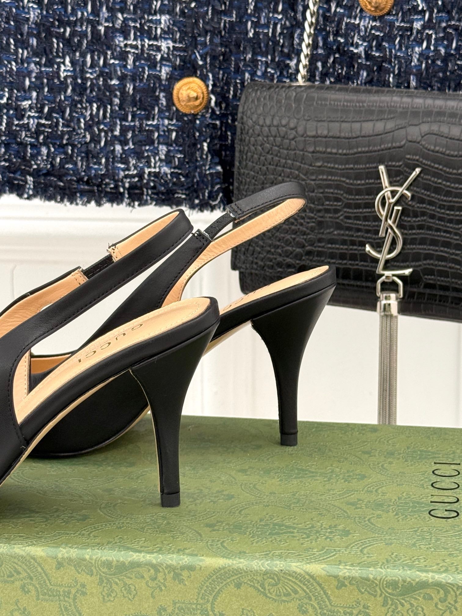 GG Horsebit Slingback 85MM Black Leather Point Toe