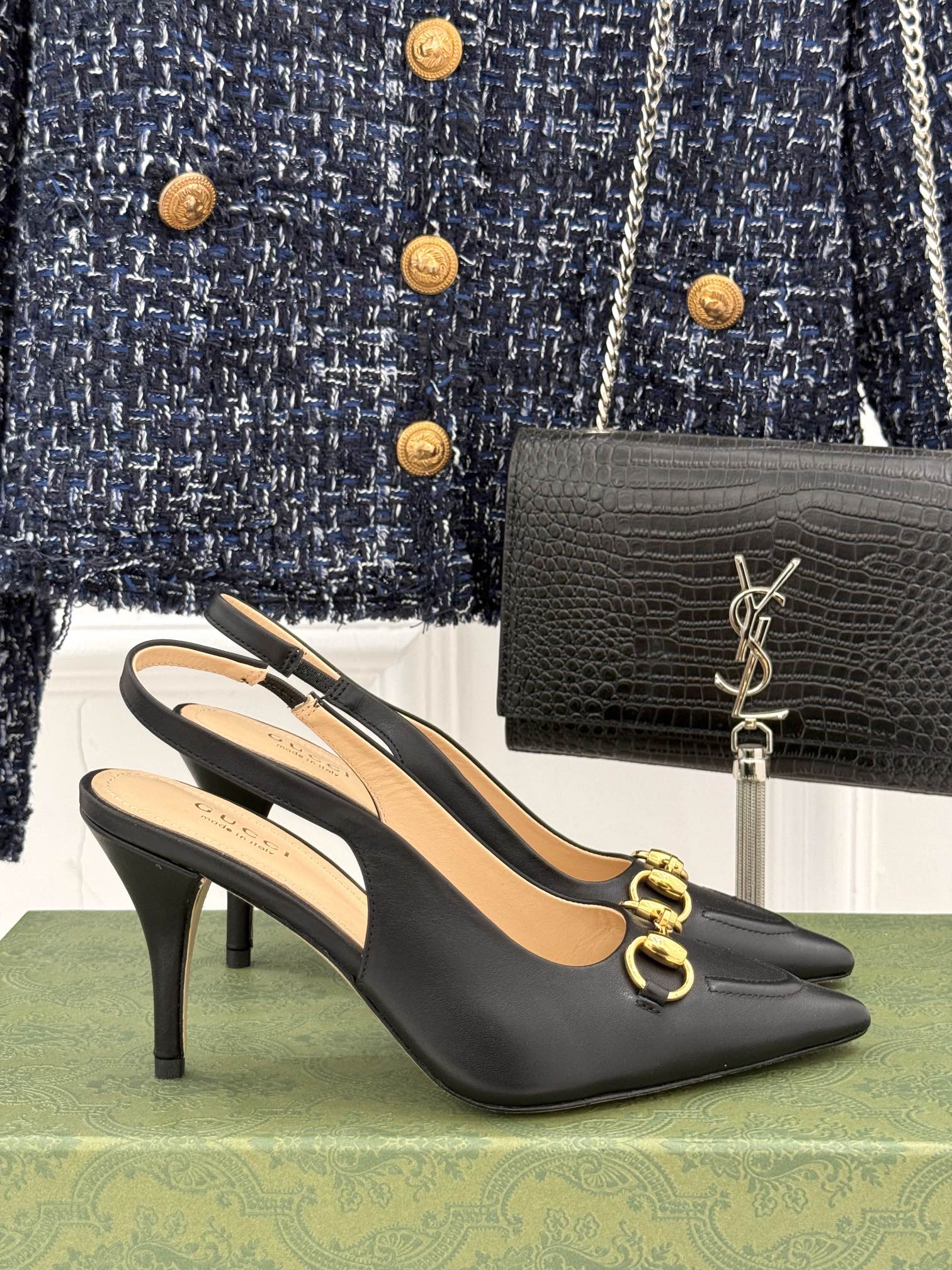 GG Horsebit Slingback 85MM Black Leather Point Toe