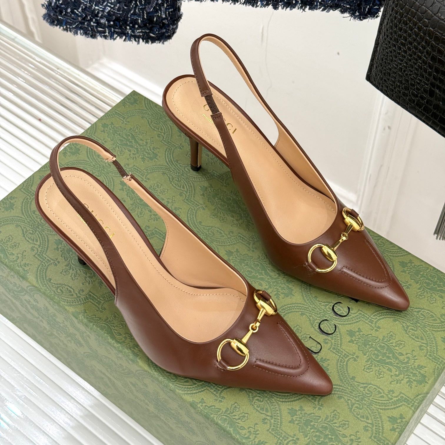 GG Horsebit Slingback 85MM Brown Leather Point Toe