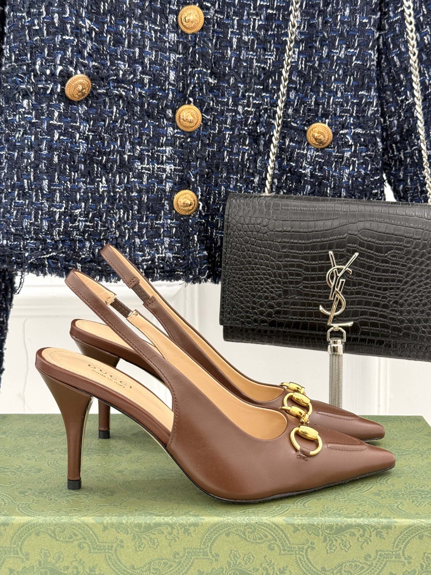 GG Horsebit Slingback 85MM Brown Leather Point Toe