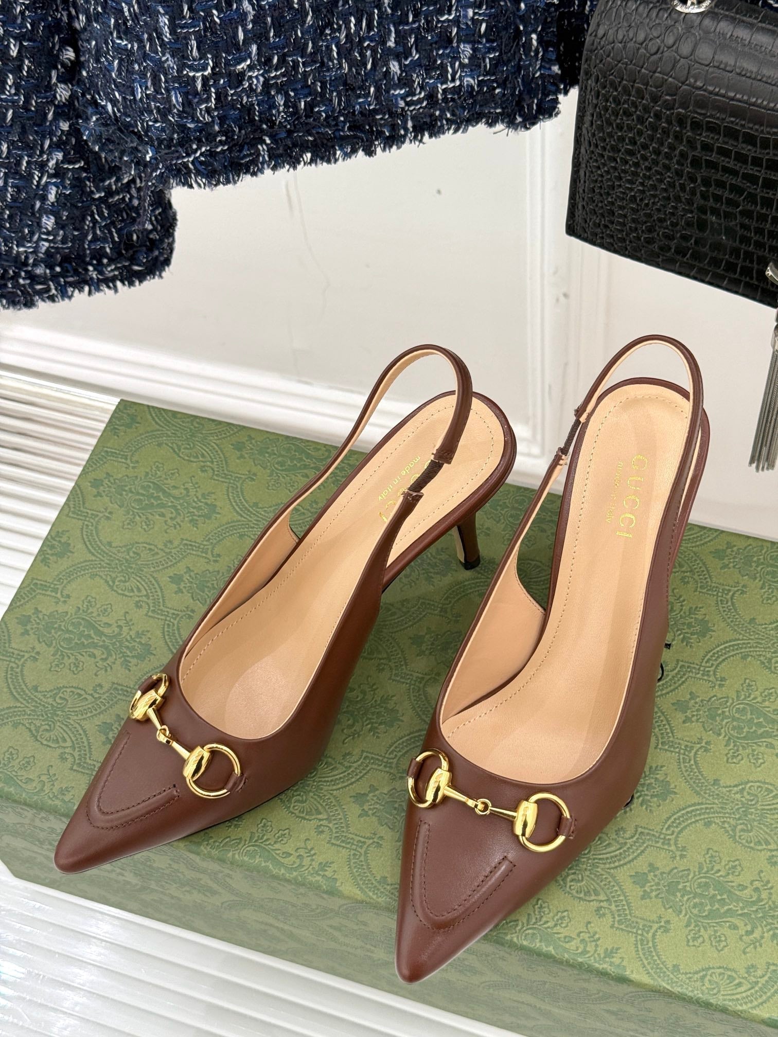 GG Horsebit Slingback 85MM Brown Leather Point Toe