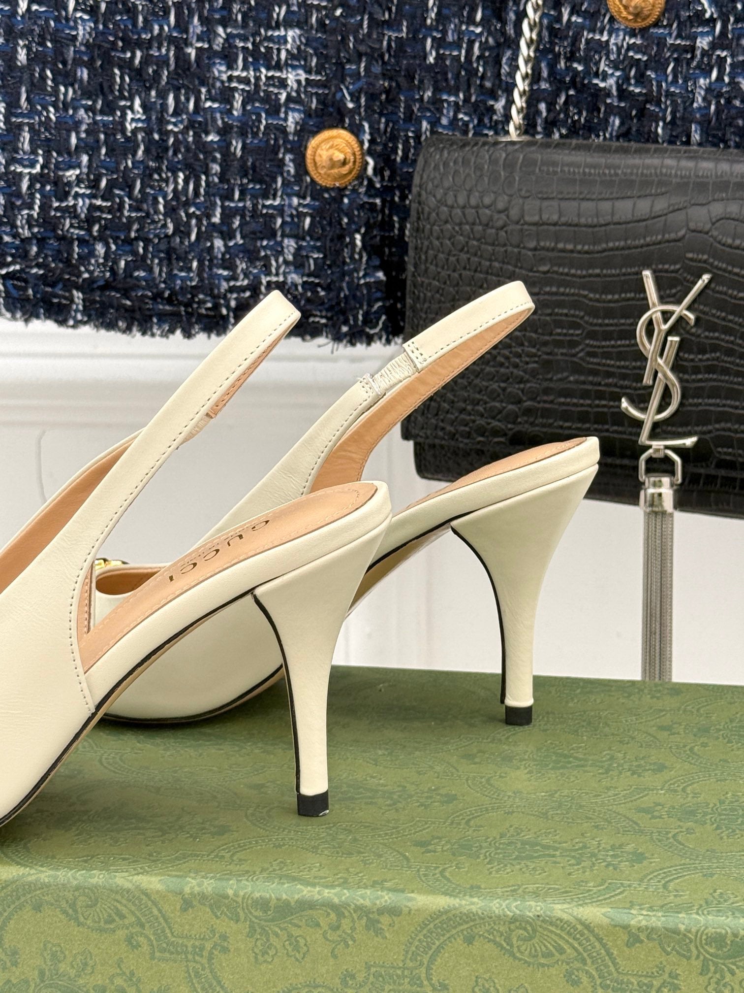 GG Horsebit Slingback 85MM Cream Leather Point Toe
