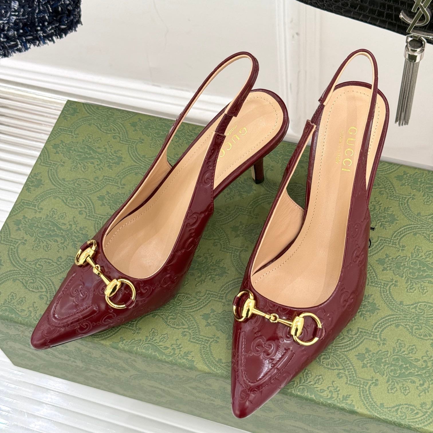 GG Horsebit Slingback 85MM Burgundy GG Leather Point Toe