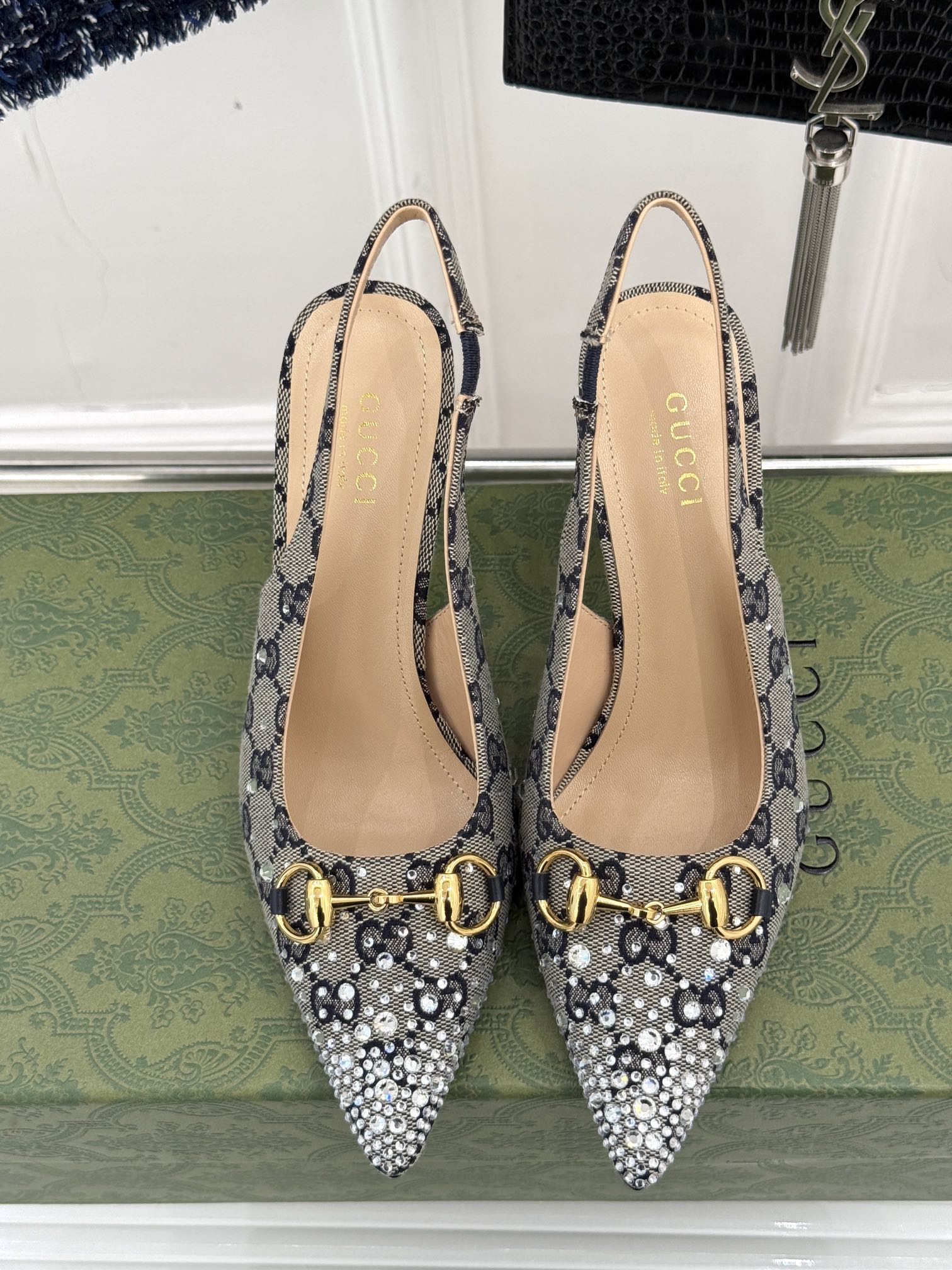 GG Horsebit Slingback 85MM Beige Black Monogram Canvas Point Toe Crystal-Embellished