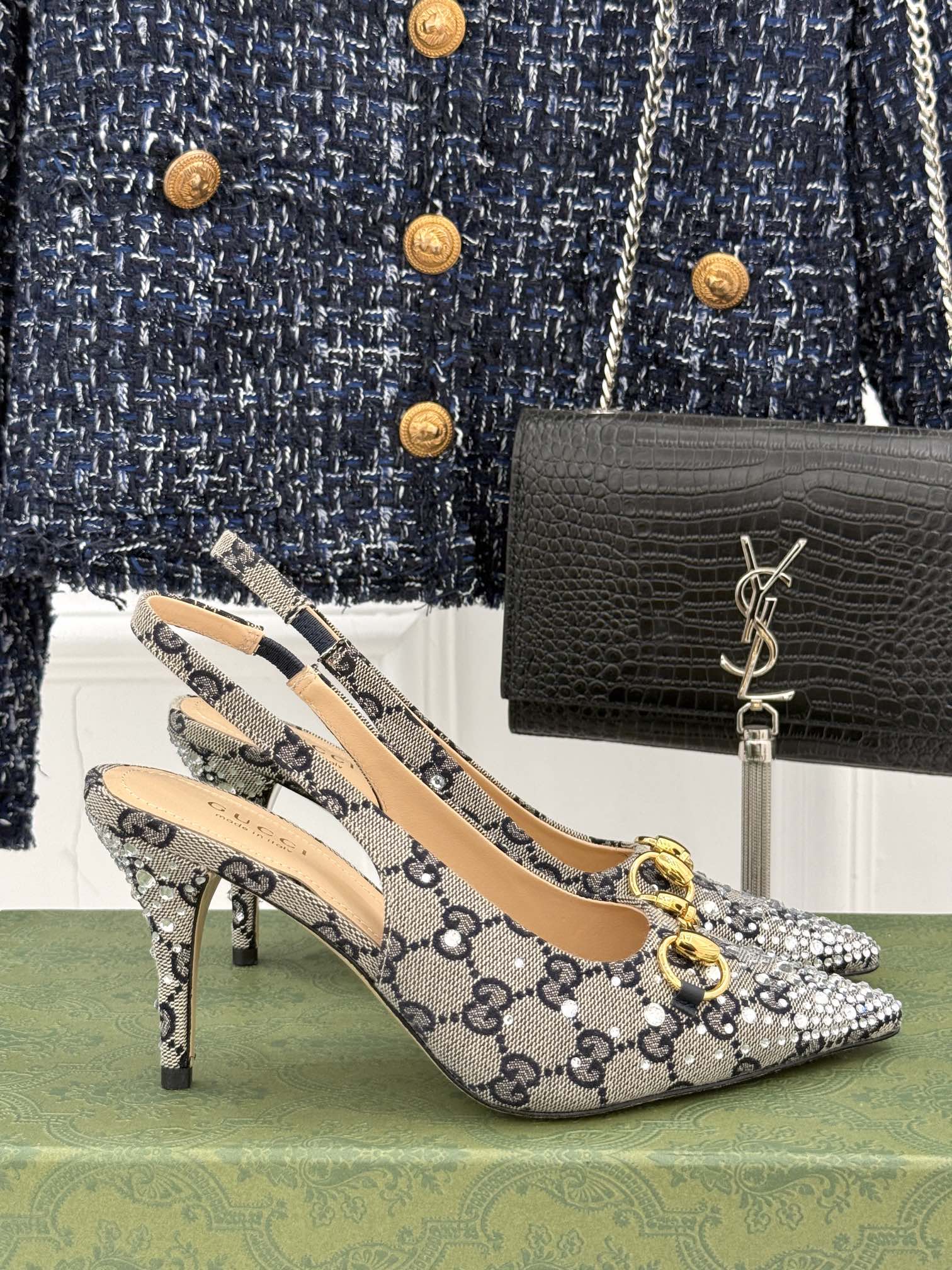 GG Horsebit Slingback 85MM Beige Black Monogram Canvas Point Toe Crystal-Embellished