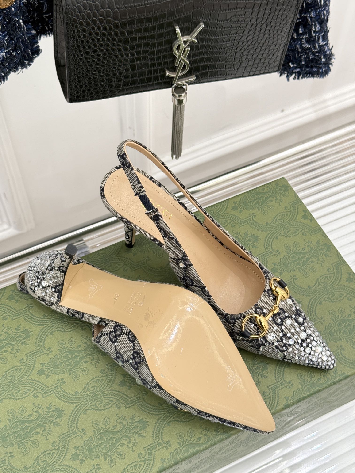 GG Horsebit Slingback 85MM Beige Black Monogram Canvas Point Toe Crystal-Embellished