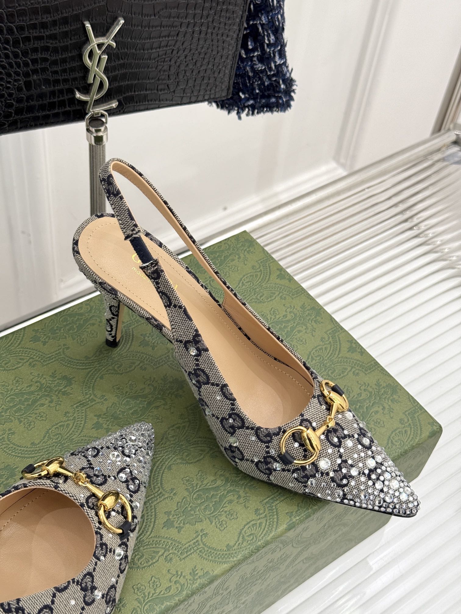 GG Horsebit Slingback 85MM Beige Black Monogram Canvas Point Toe Crystal-Embellished