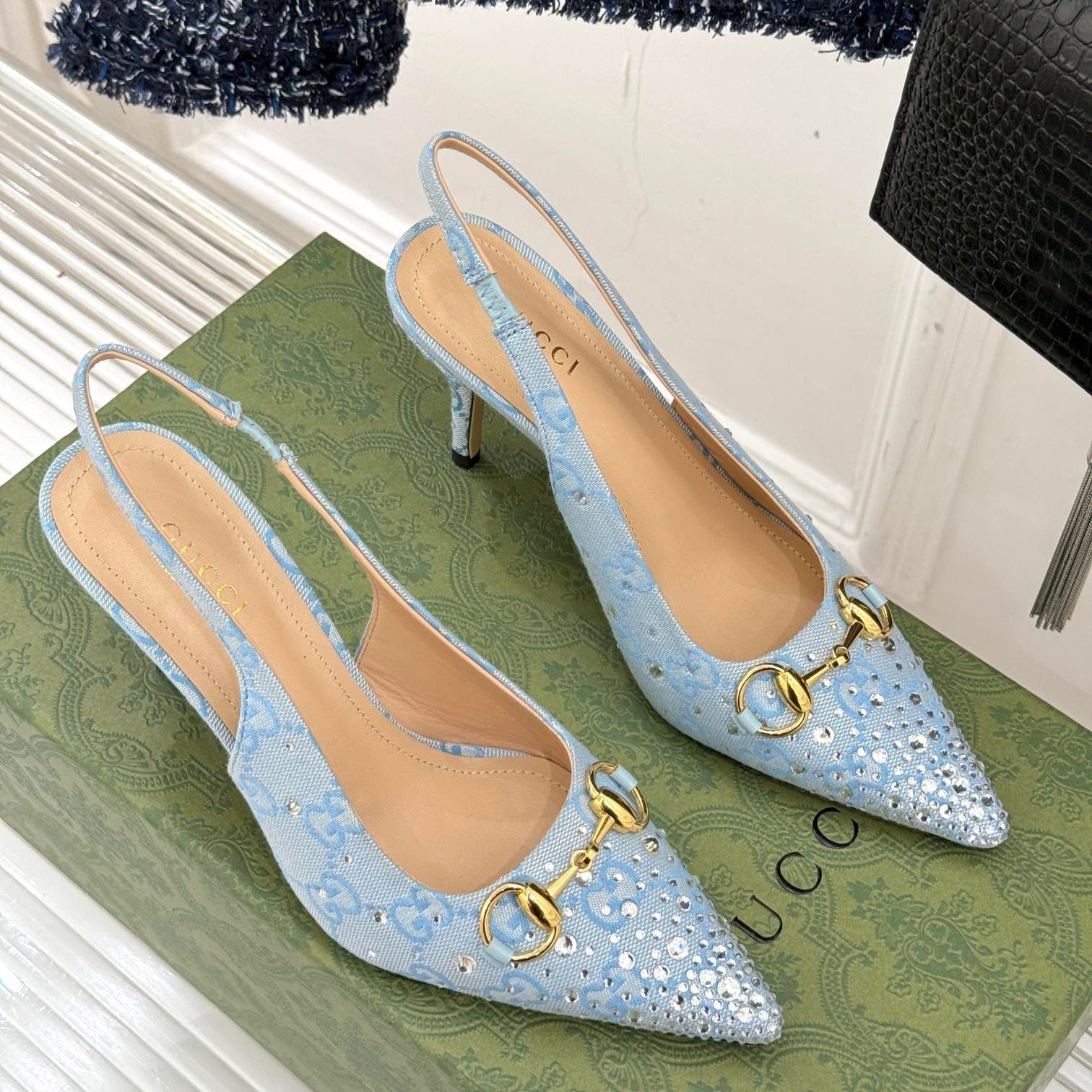 GG Horsebit Slingback 85MM Beige Cloud Blue Monogram Canvas Point Toe Crystal-Embellished