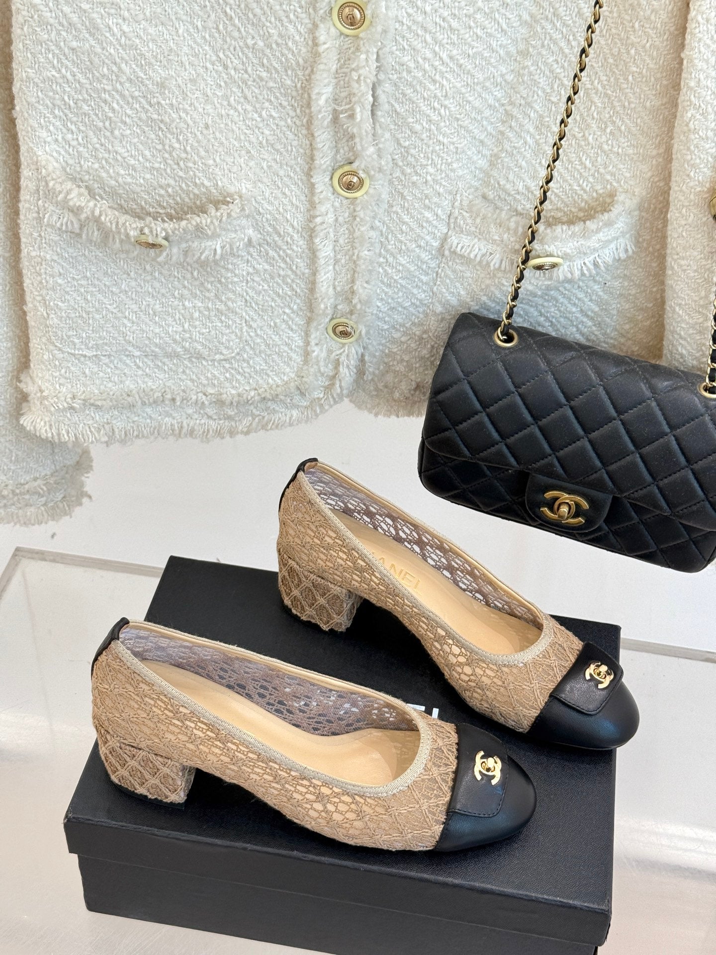 Chanel 25 Ballet Flat  50mm  Beige Black Woven Lambskin 473050