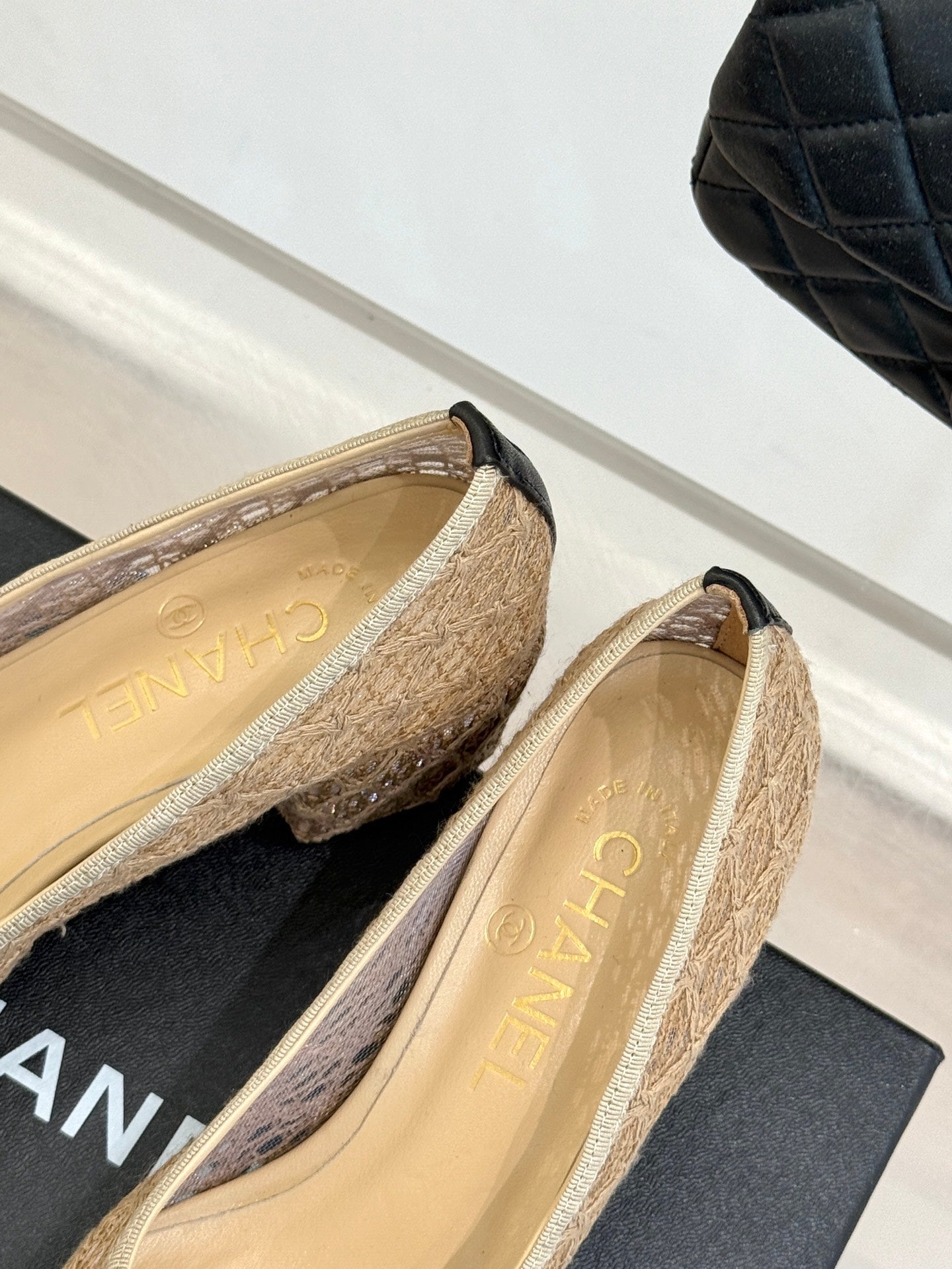 Chanel 25 Ballet Flat  50mm  Beige Black Woven Lambskin 473050