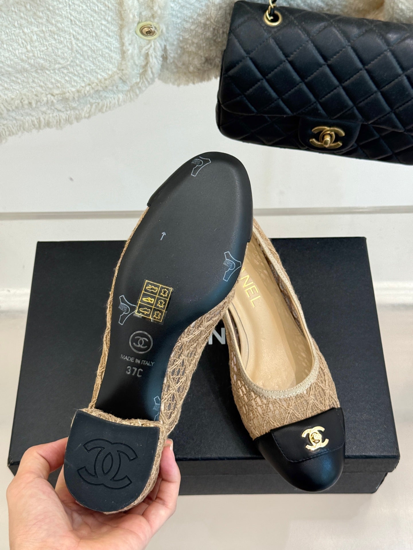 Chanel 25 Ballet Flat  50mm  Beige Black Woven Lambskin 473050