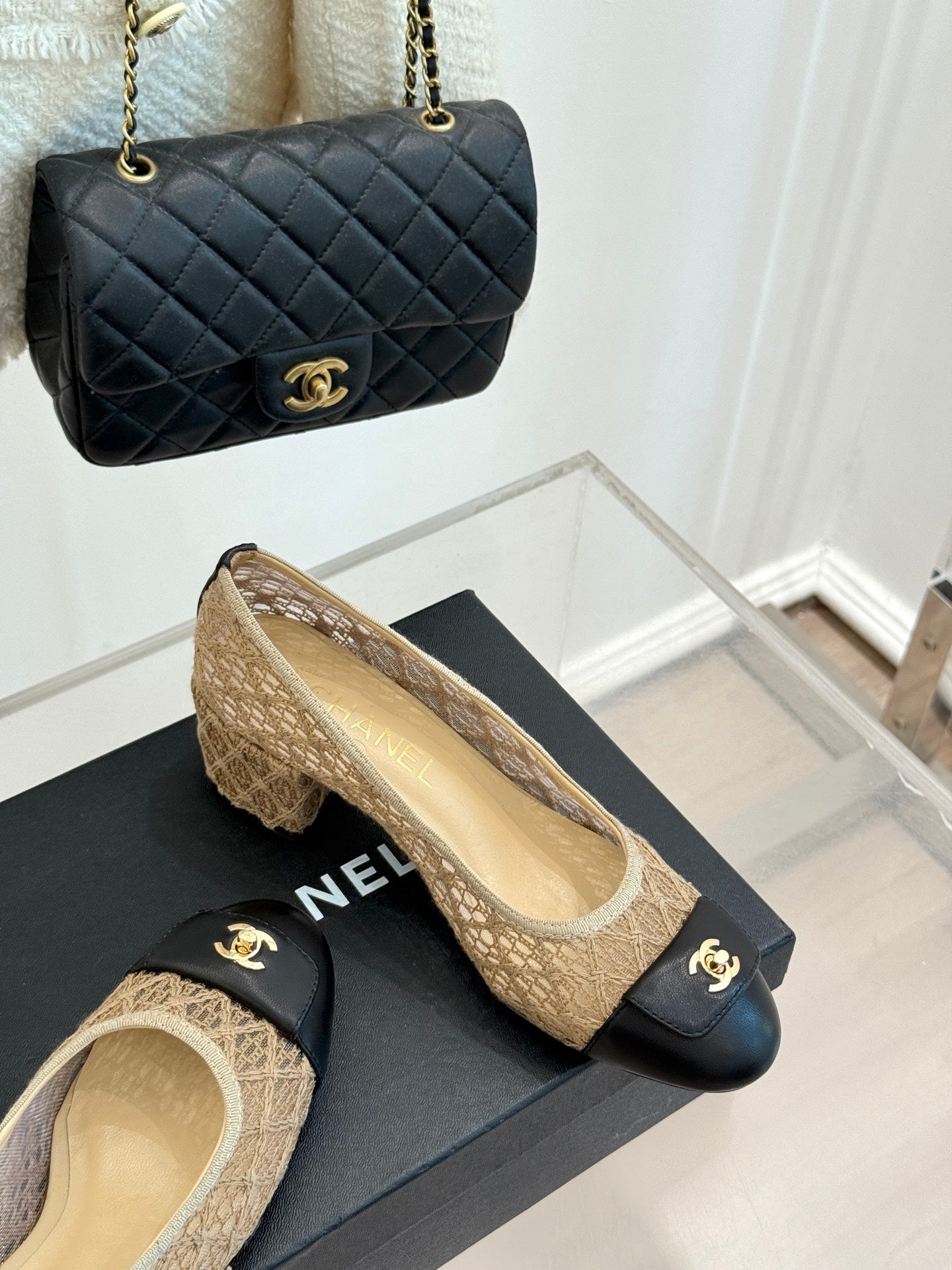 Chanel 25 Ballet Flat  50mm  Beige Black Woven Lambskin 473050