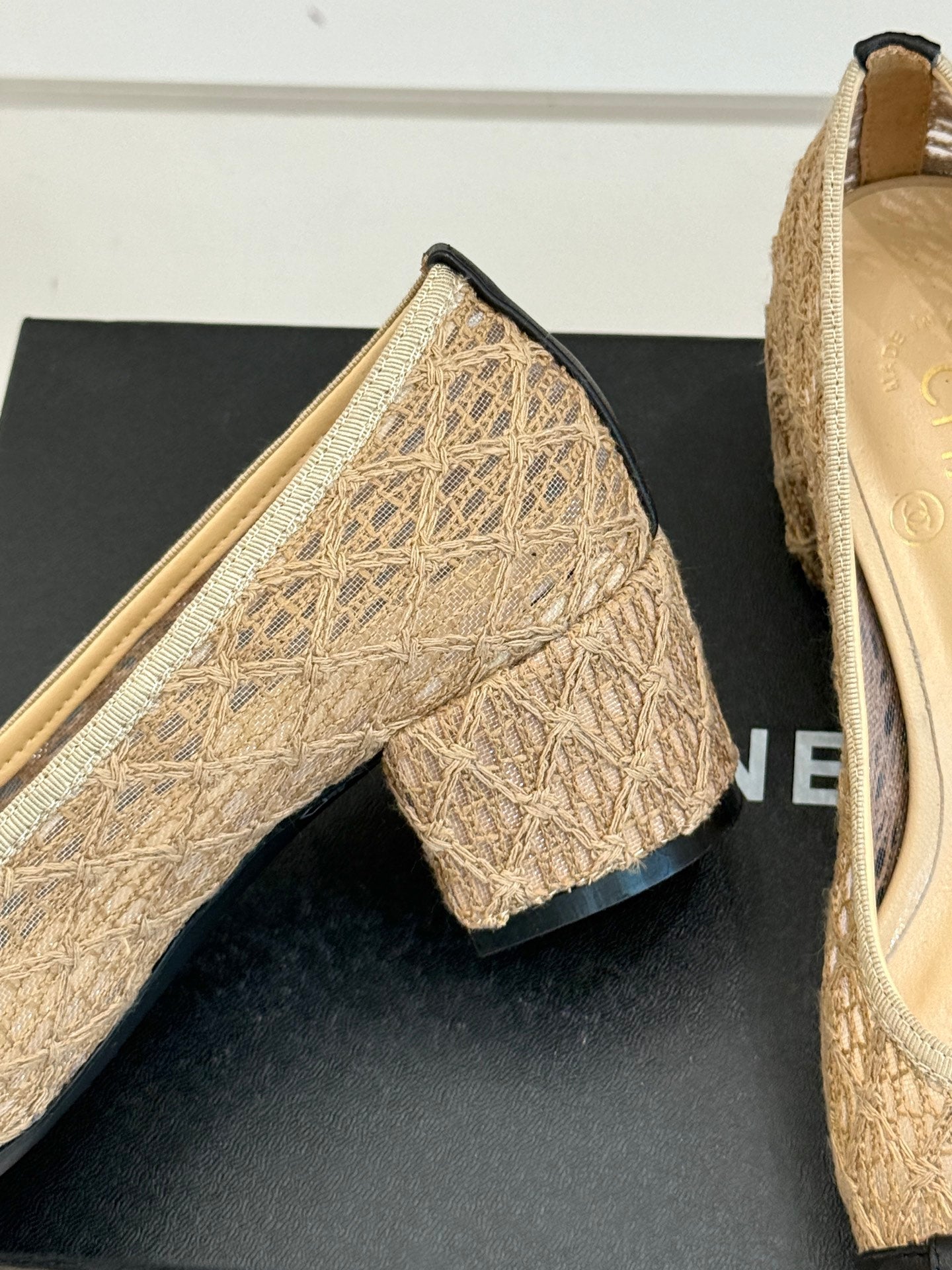 Chanel 25 Ballet Flat  50mm  Beige Black Woven Lambskin 473050
