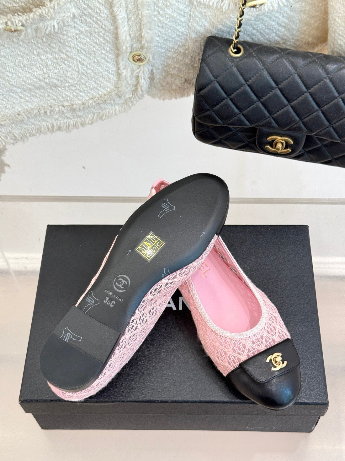 Chanel 25 Ballet Flat Pink Black Woven Lambskin 473054