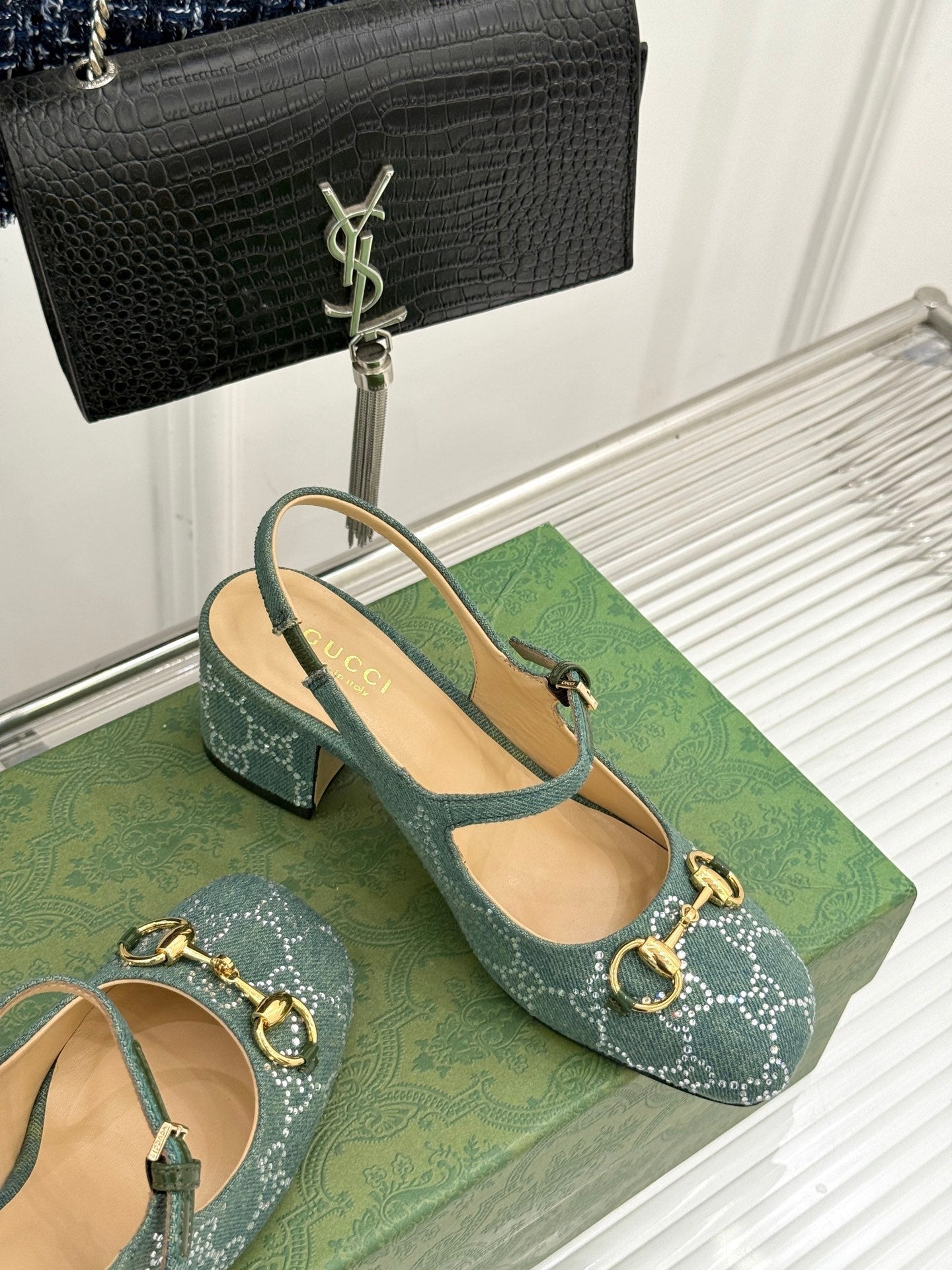 GC Horsebit Slingback Pump Muted Teal Green Denim 412735