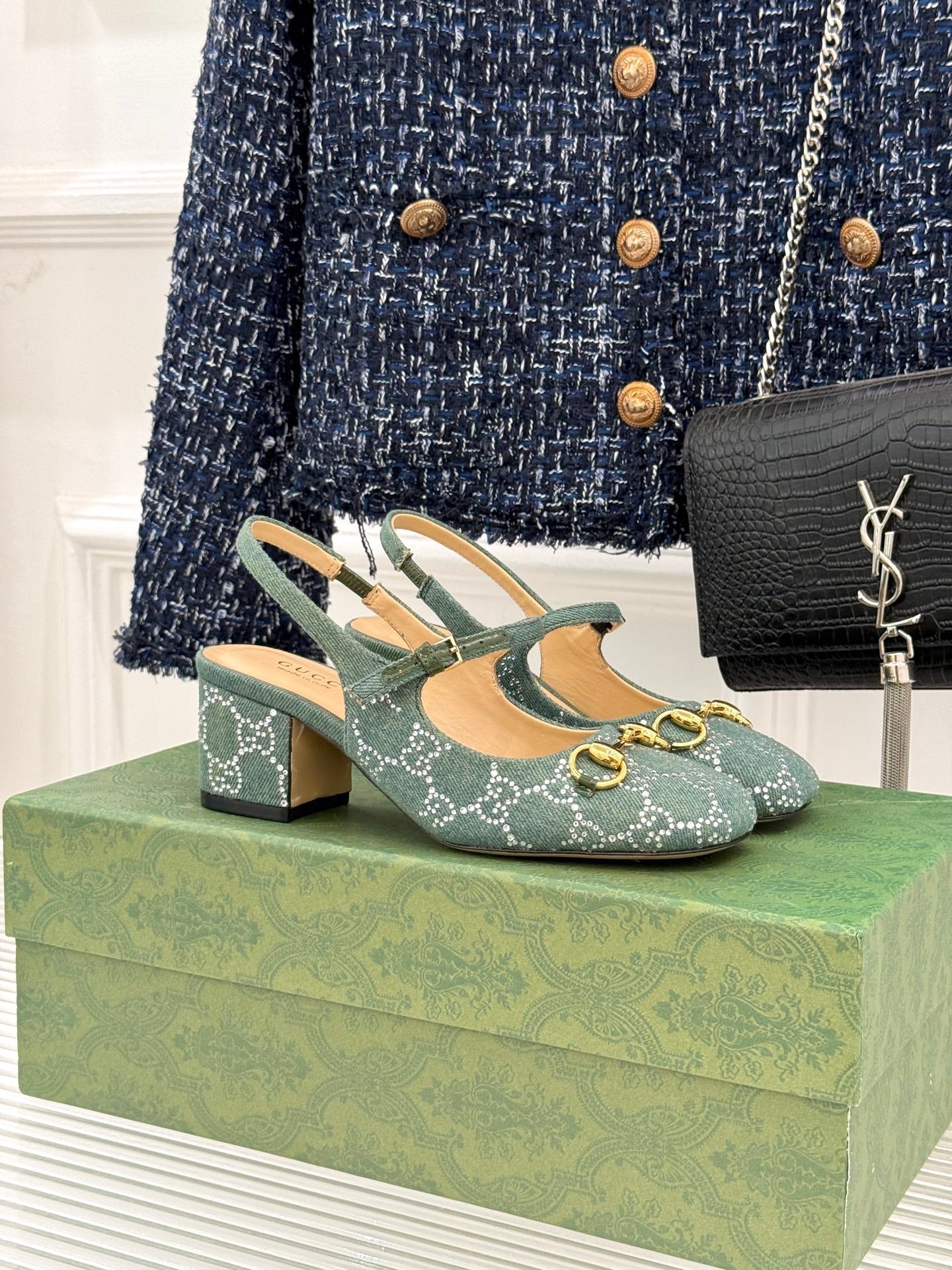 GC Horsebit Slingback Pump Muted Teal Green Denim 412735