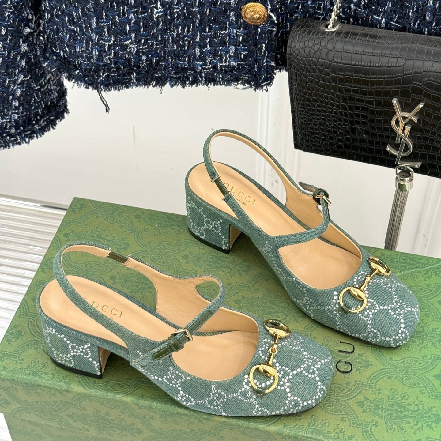 GC Horsebit Slingback Pump Muted Teal Green Denim 412735