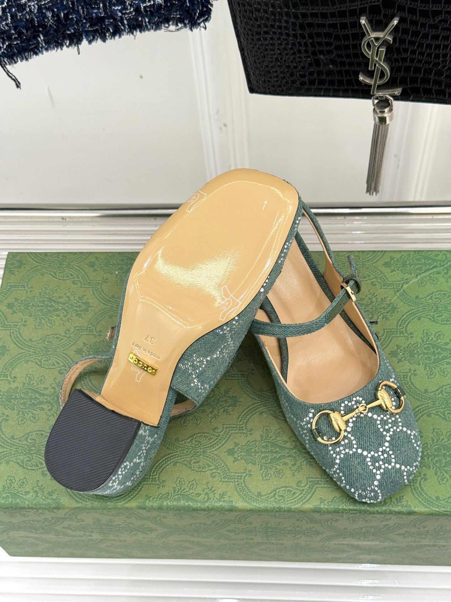 GC Horsebit Slingback Pump Muted Teal Green Denim 412735