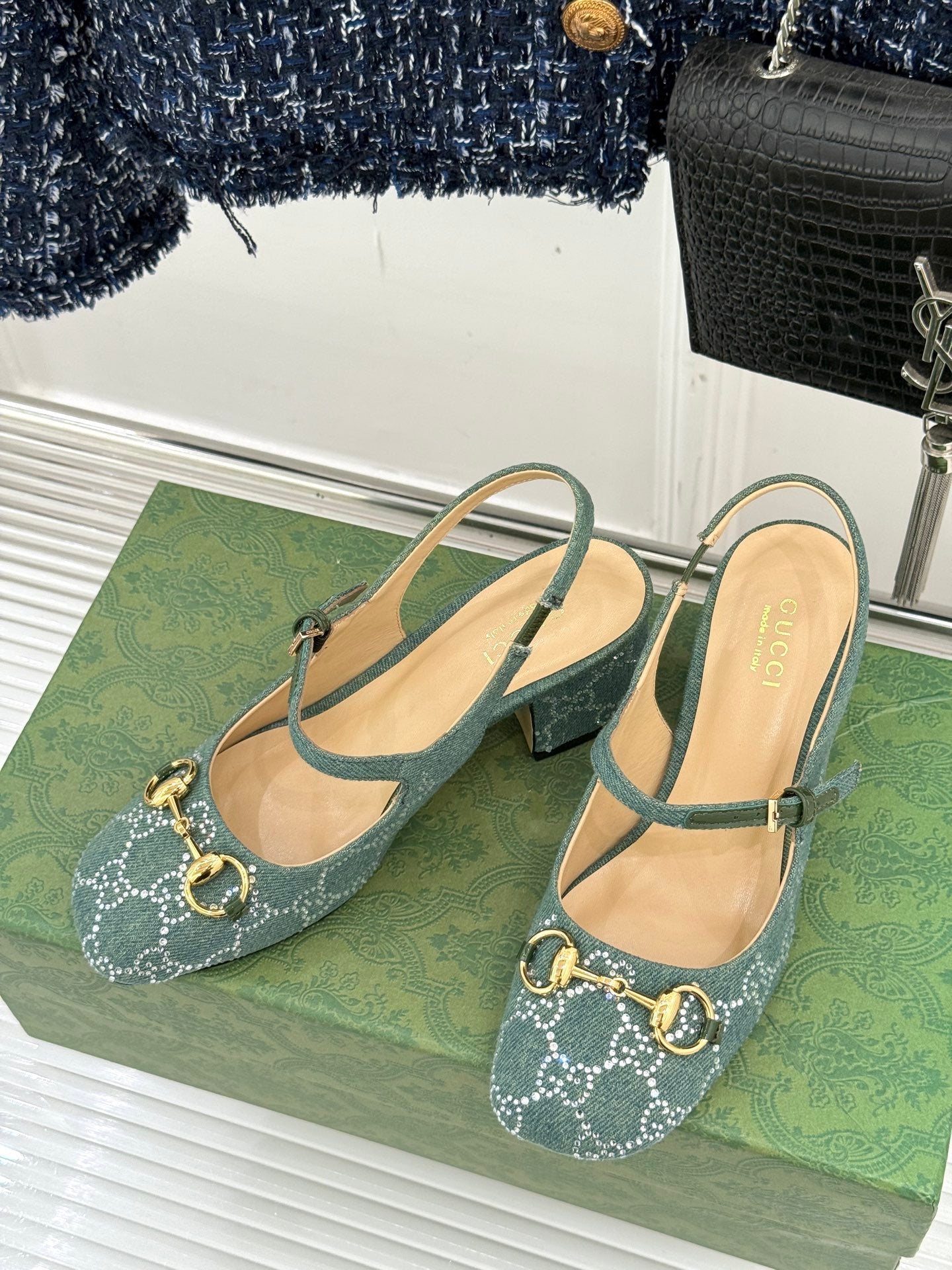 GC Horsebit Slingback Pump Muted Teal Green Denim 412735