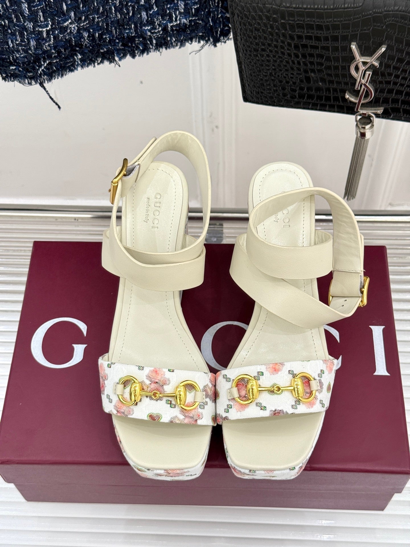 GC Floral Platform Wedge Sandal White Mix Flower lambskin