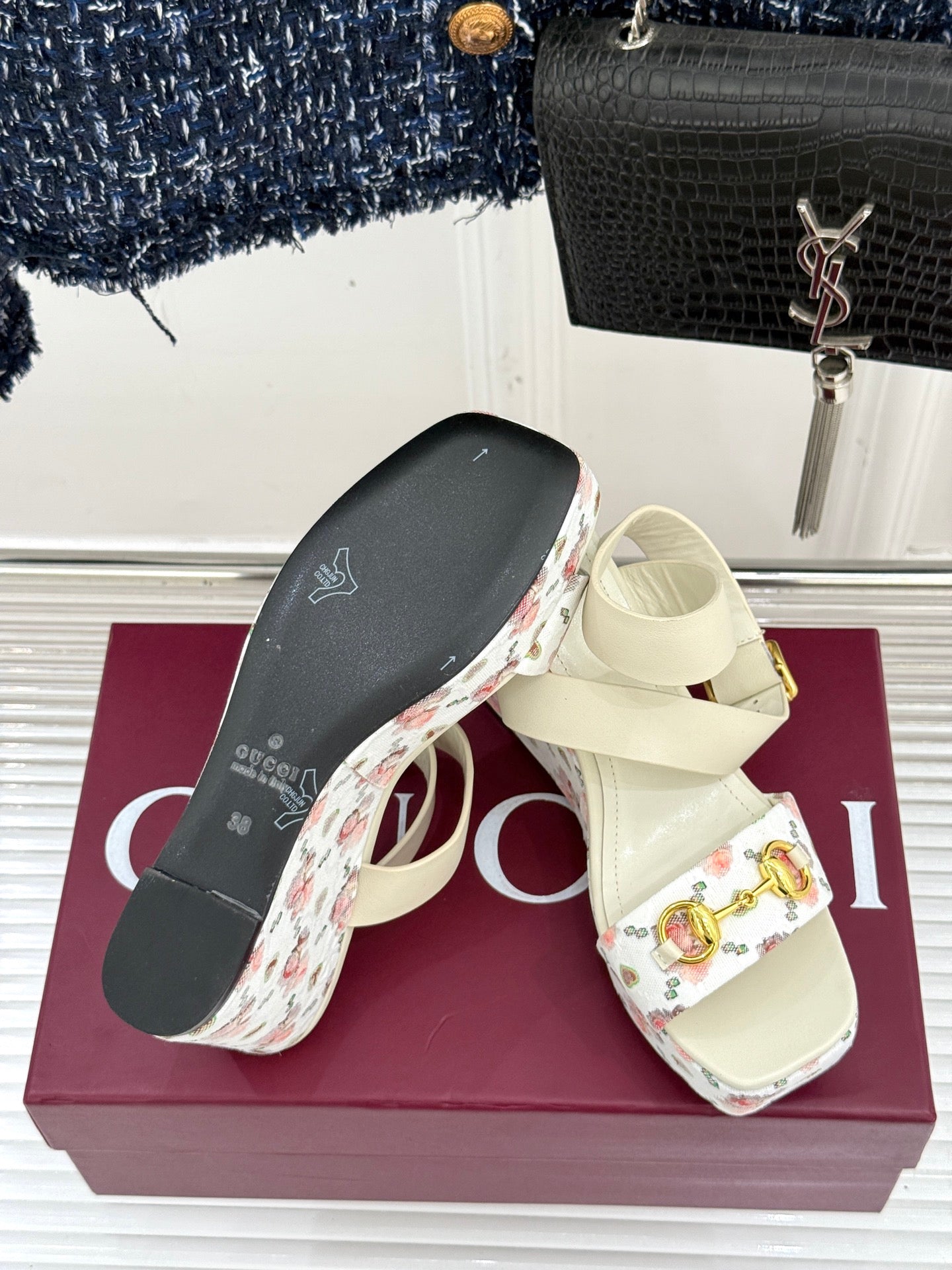 GC Floral Platform Wedge Sandal White Mix Flower lambskin