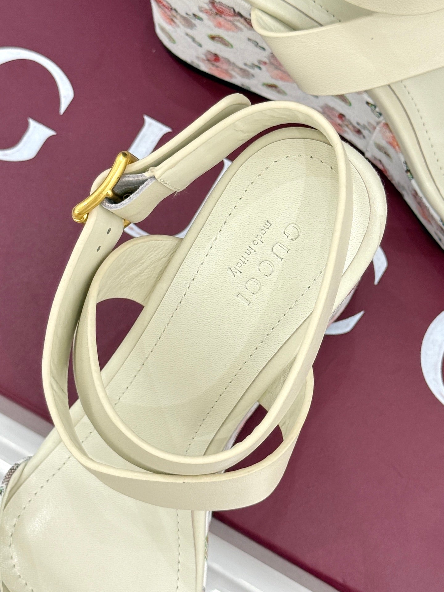 GC Floral Platform Wedge Sandal White Mix Flower lambskin