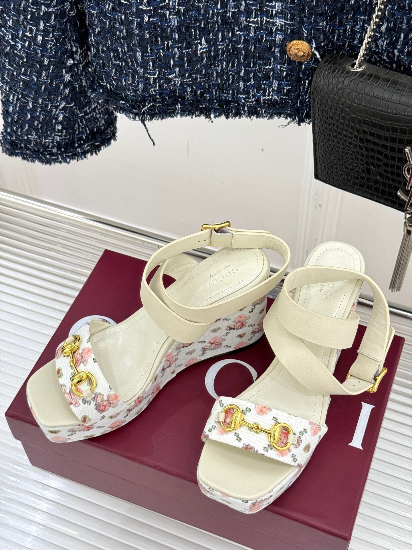 GC Floral Platform Wedge Sandal White Mix Flower lambskin