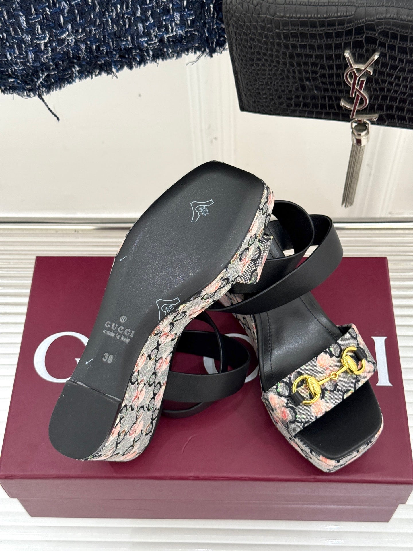 GC Floral Platform Wedge Sandal Black Mix Flower lambskin
