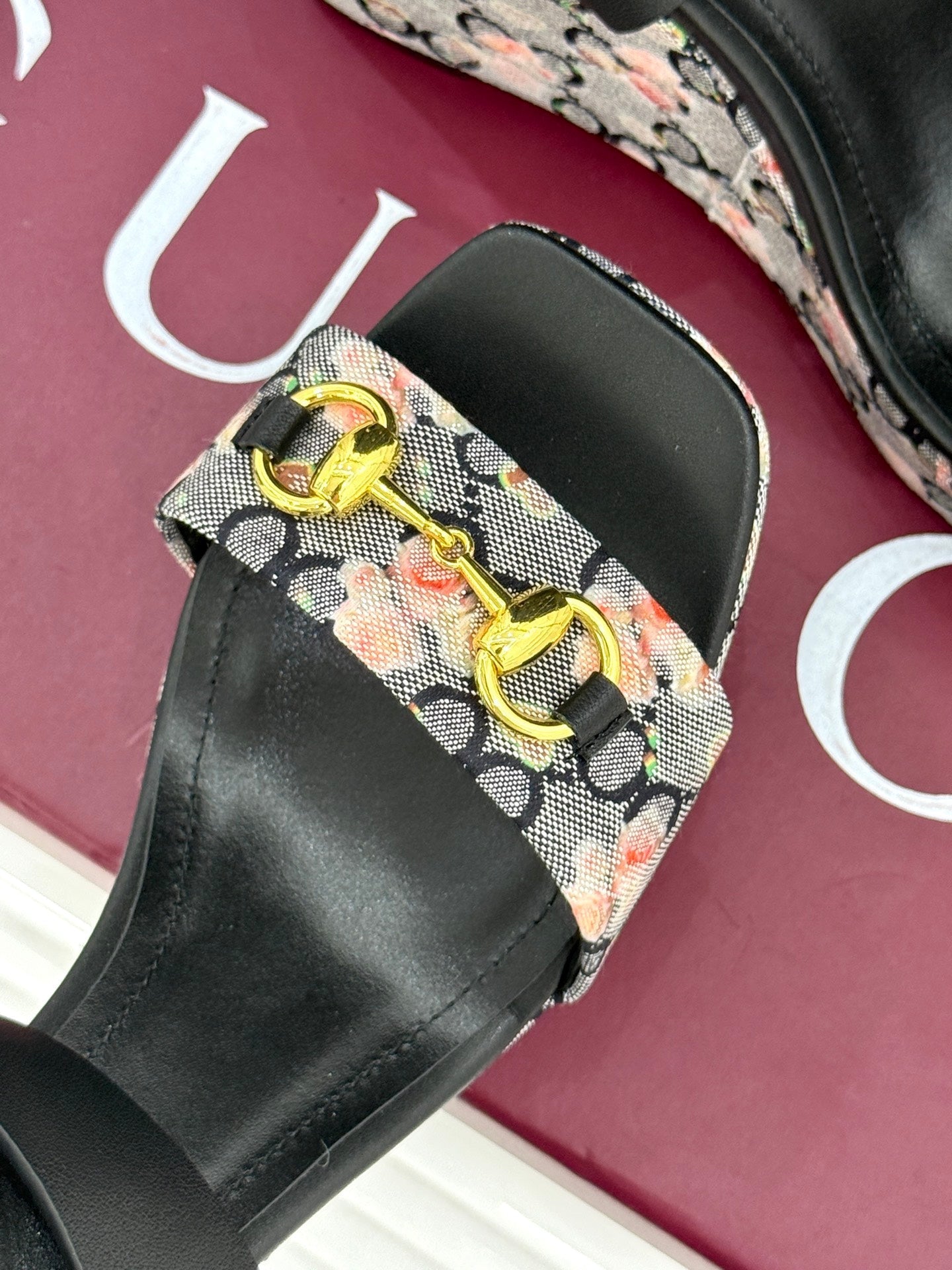 GC Floral Platform Wedge Sandal Black Mix Flower lambskin