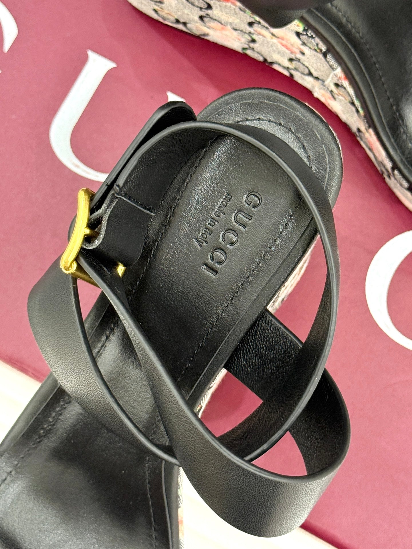 GC Floral Platform Wedge Sandal Black Mix Flower lambskin