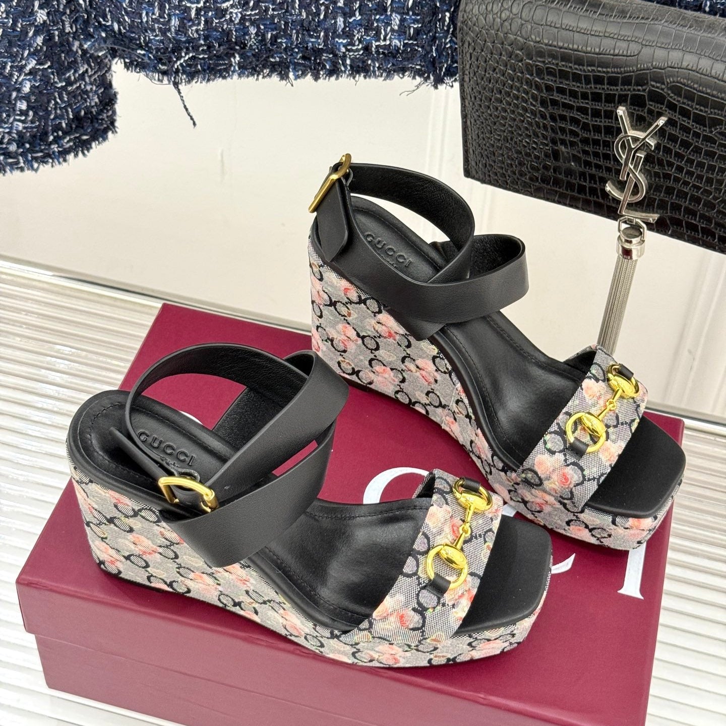 GC Floral Platform Wedge Sandal Black Mix Flower lambskin