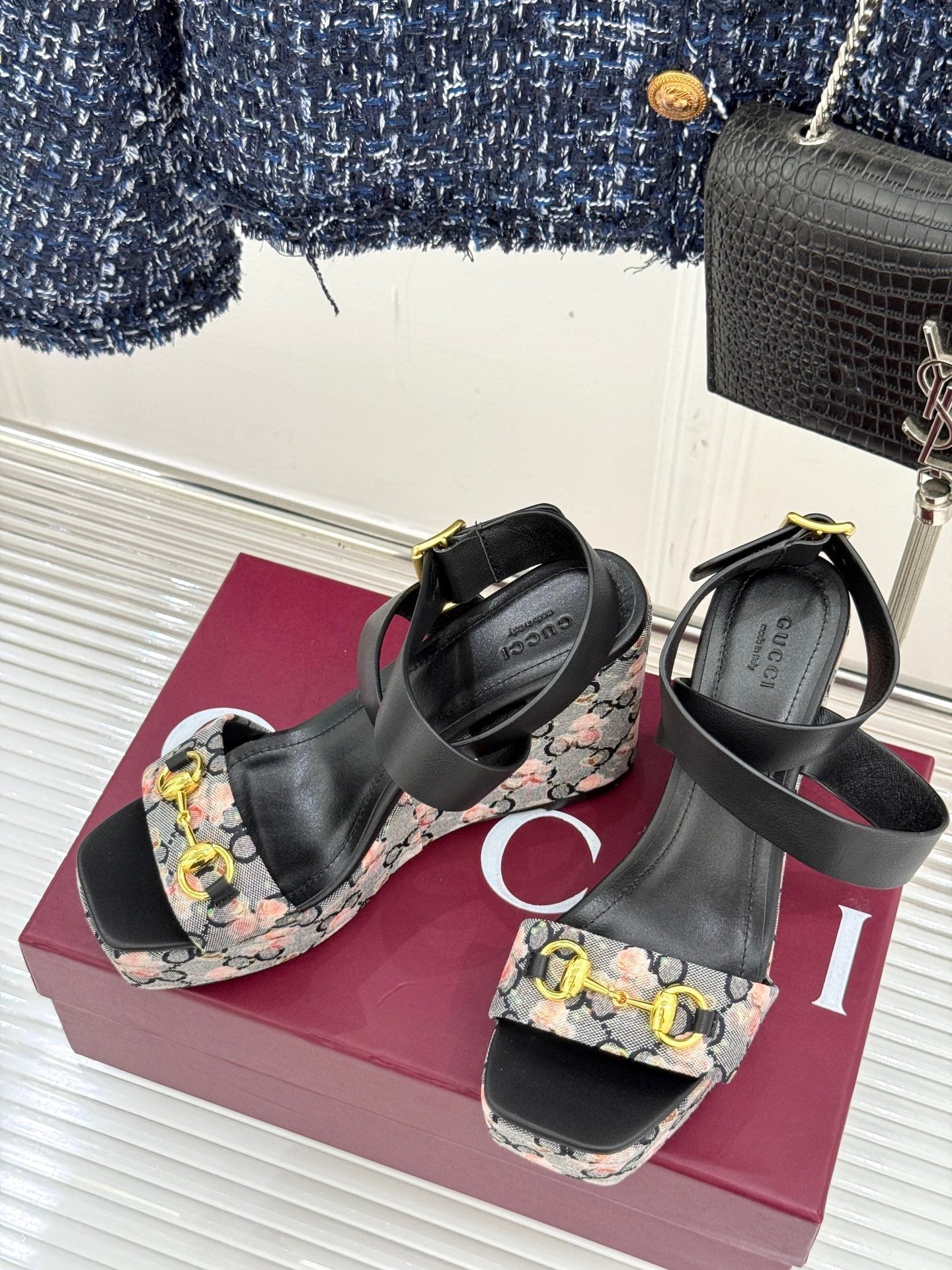 GC Floral Platform Wedge Sandal Black Mix Flower lambskin