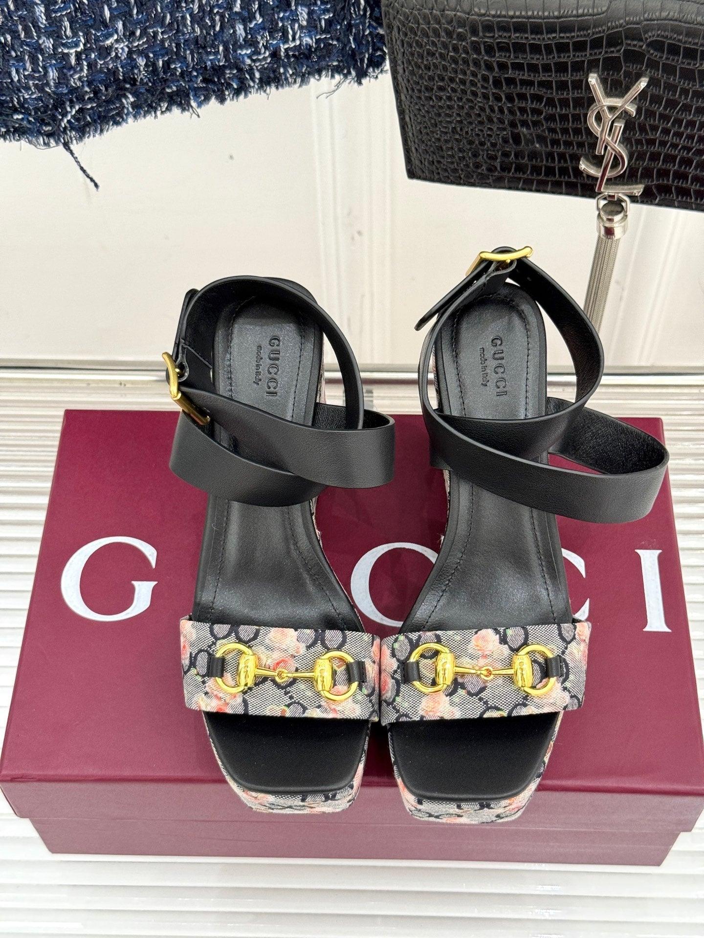 GC Floral Platform Wedge Sandal Black Mix Flower lambskin