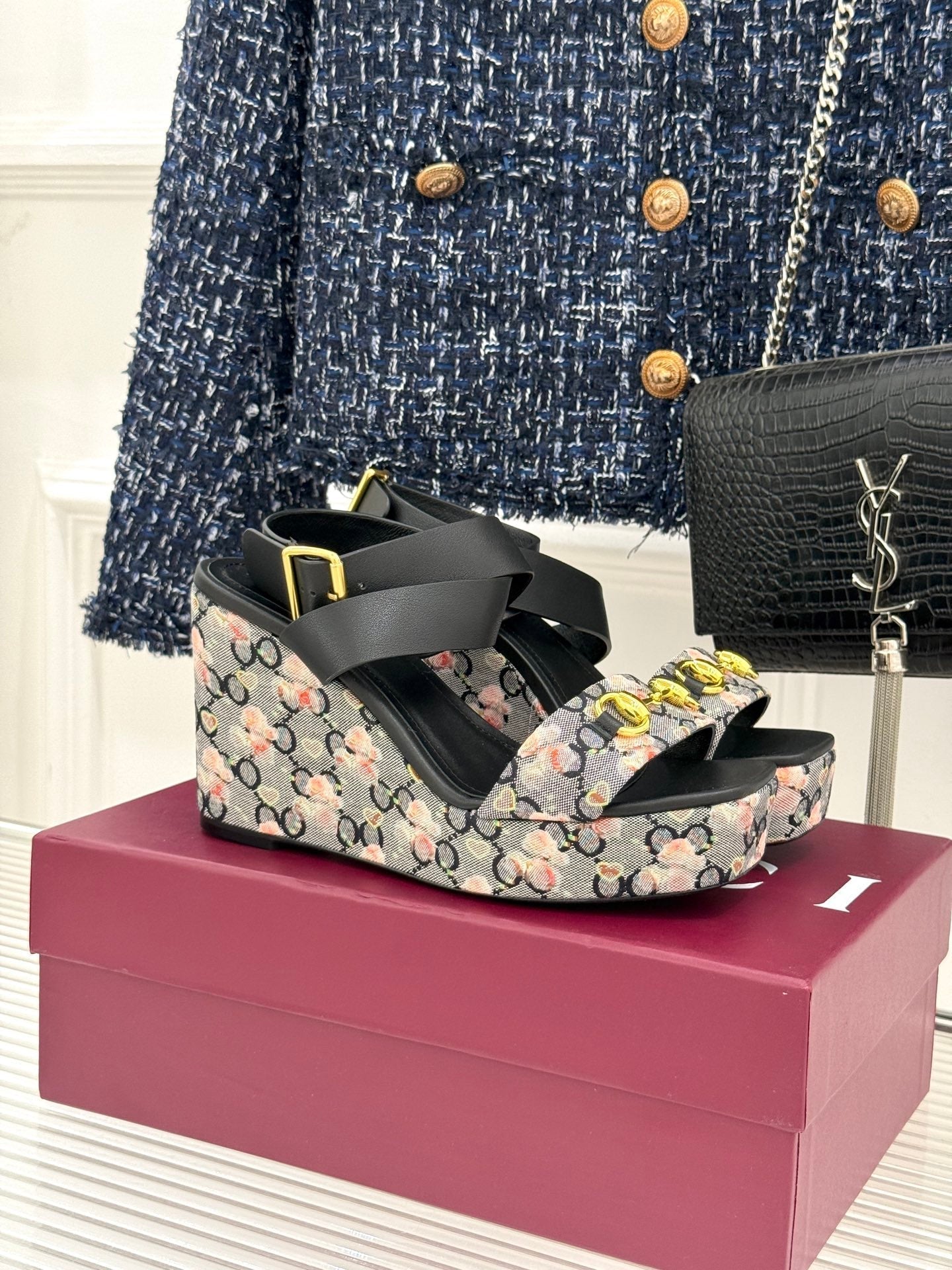 GC Floral Platform Wedge Sandal Black Mix Flower lambskin