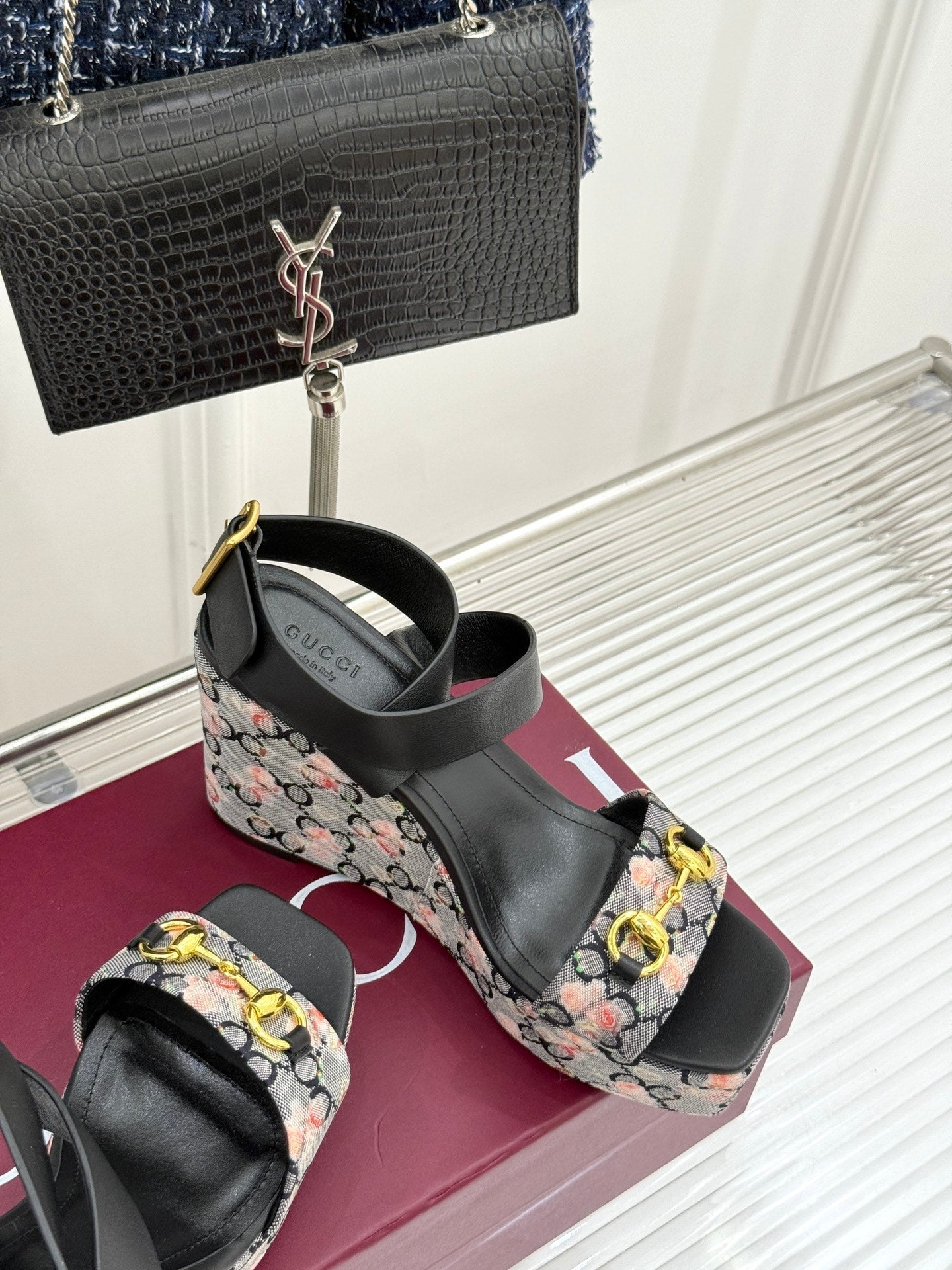 GC Floral Platform Wedge Sandal Black Mix Flower lambskin