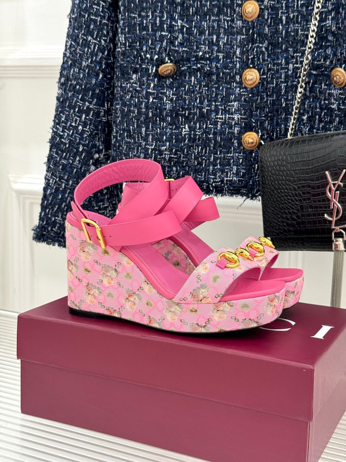 GC Floral Platform Wedge Sandal Pink Mix Flower lambskin