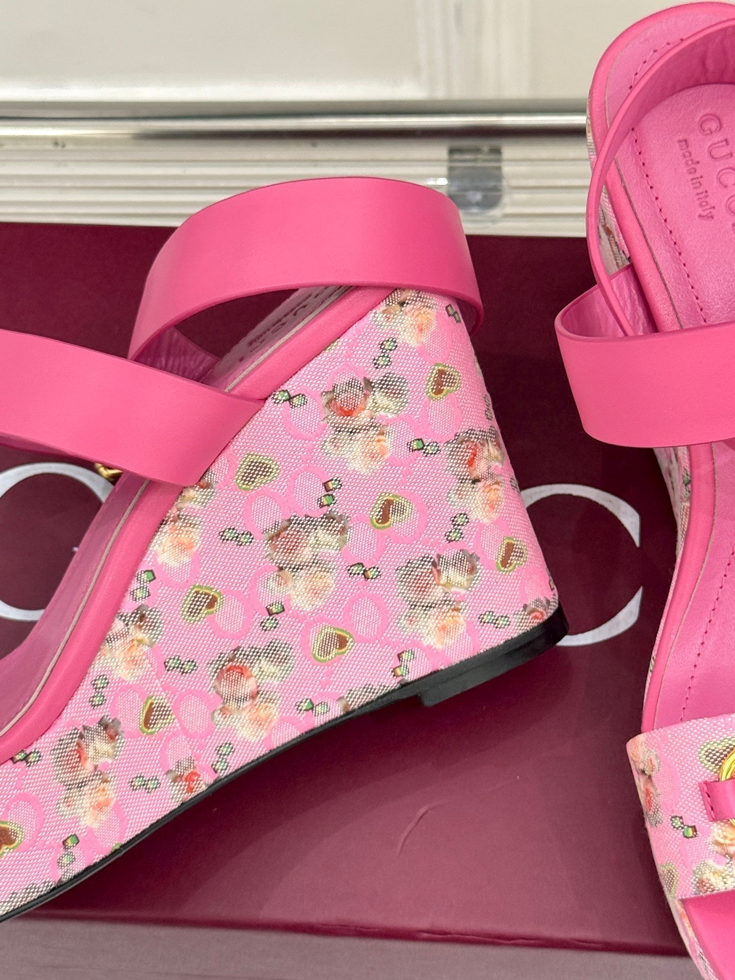 GC Floral Platform Wedge Sandal Pink Mix Flower lambskin