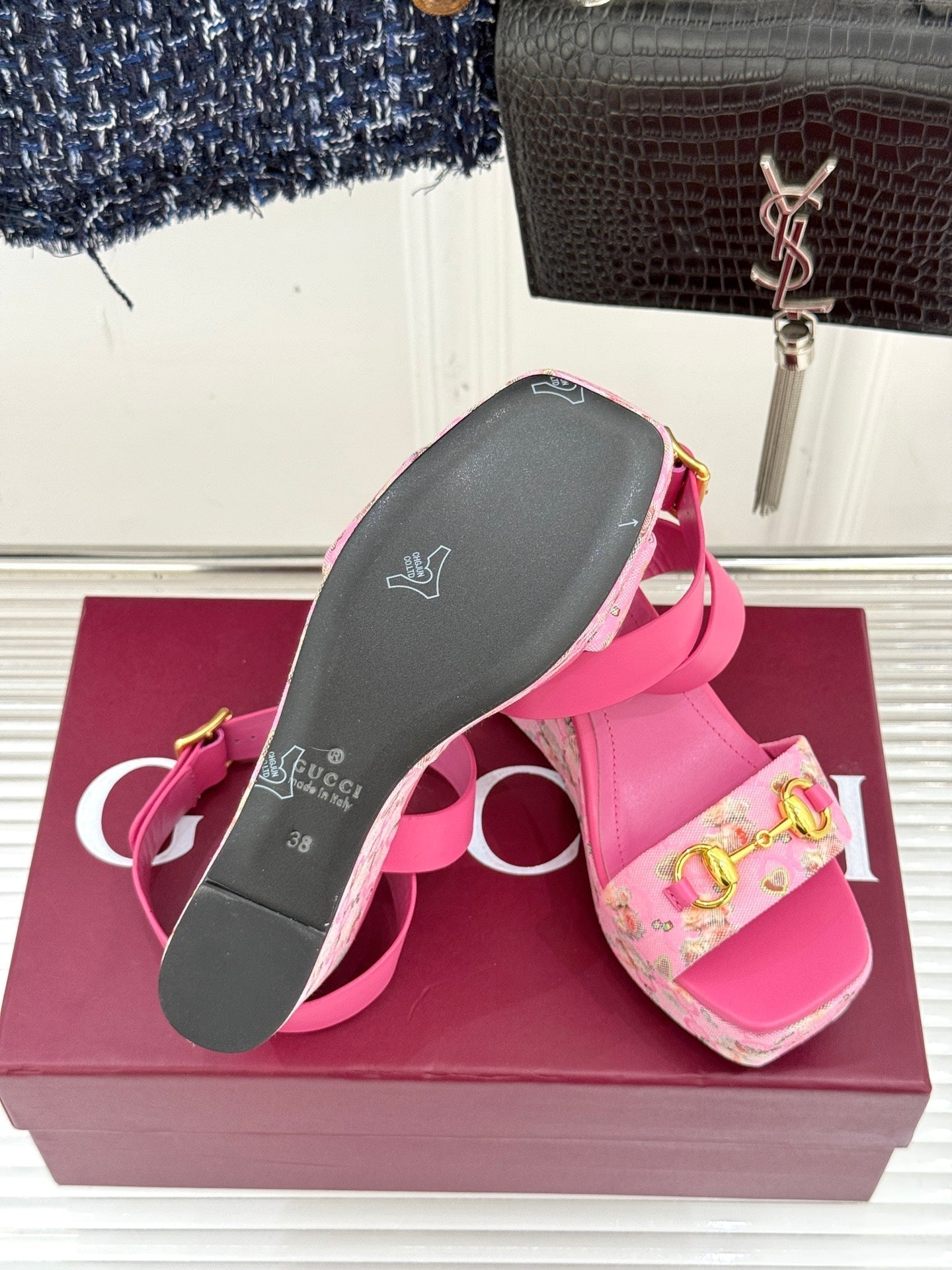 GC Floral Platform Wedge Sandal Pink Mix Flower lambskin