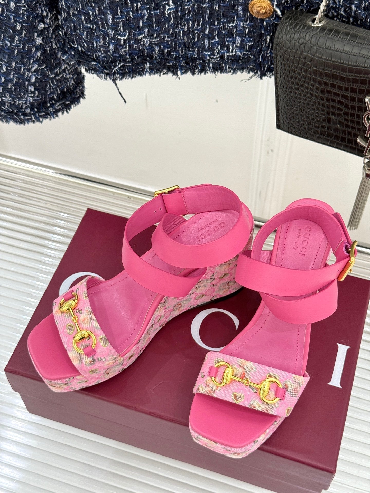 GC Floral Platform Wedge Sandal Pink Mix Flower lambskin